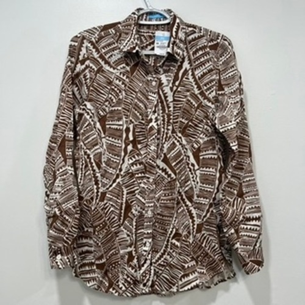 J Mclaughlin Britt Blouse XS NWT $178 100% Linen Collar Button Gauzy Geo Brown